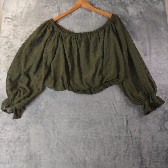 She + Sky Women M Olive Green Off-Shoulder Textured Cropped Dark Cottagecore top - Picture 7 of 11